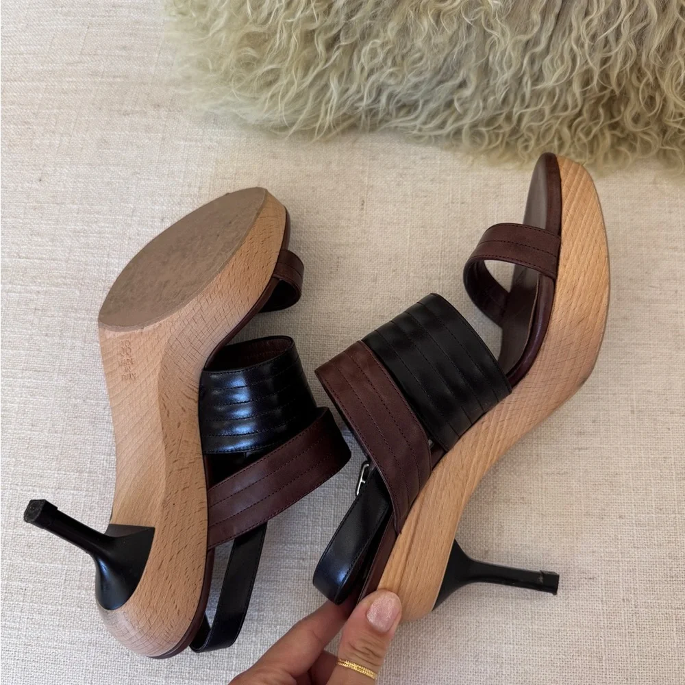 Marni Brown/Black Quilted Leather Strap Wood Platform Sandals Size‎ 38